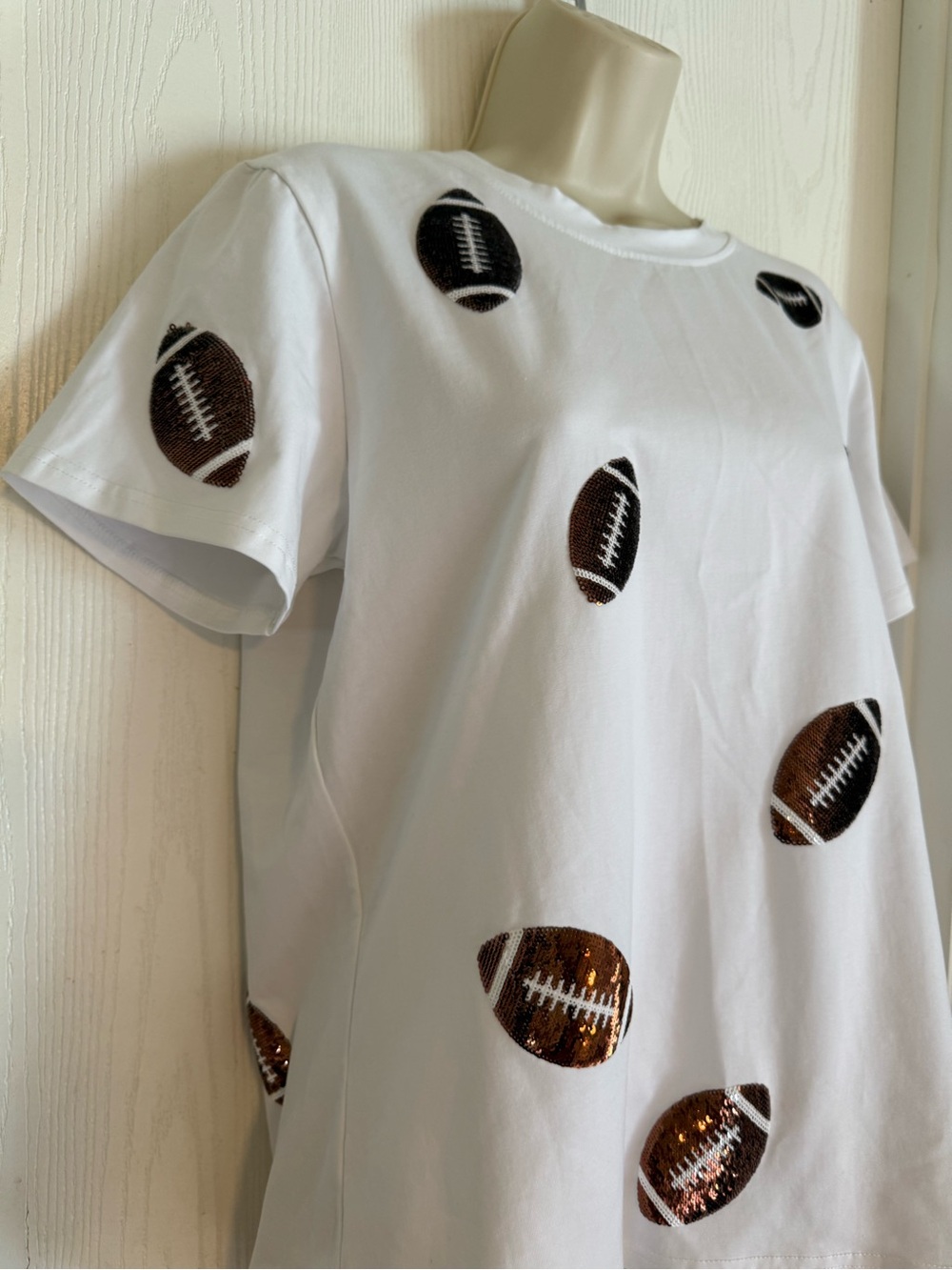 White Short Sleeve Tee with Brown Football sequins - Picture 4 of 7